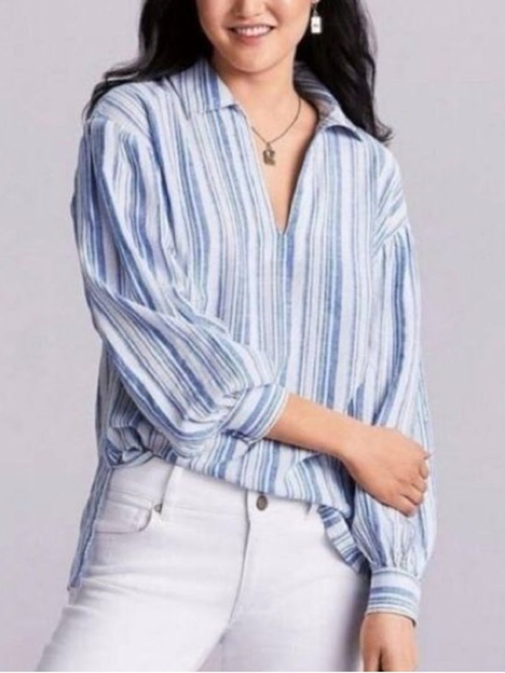 Cabi Pacific Blue White Striped Linen Blend Popover Tunic Top Relaxed Fit Size M